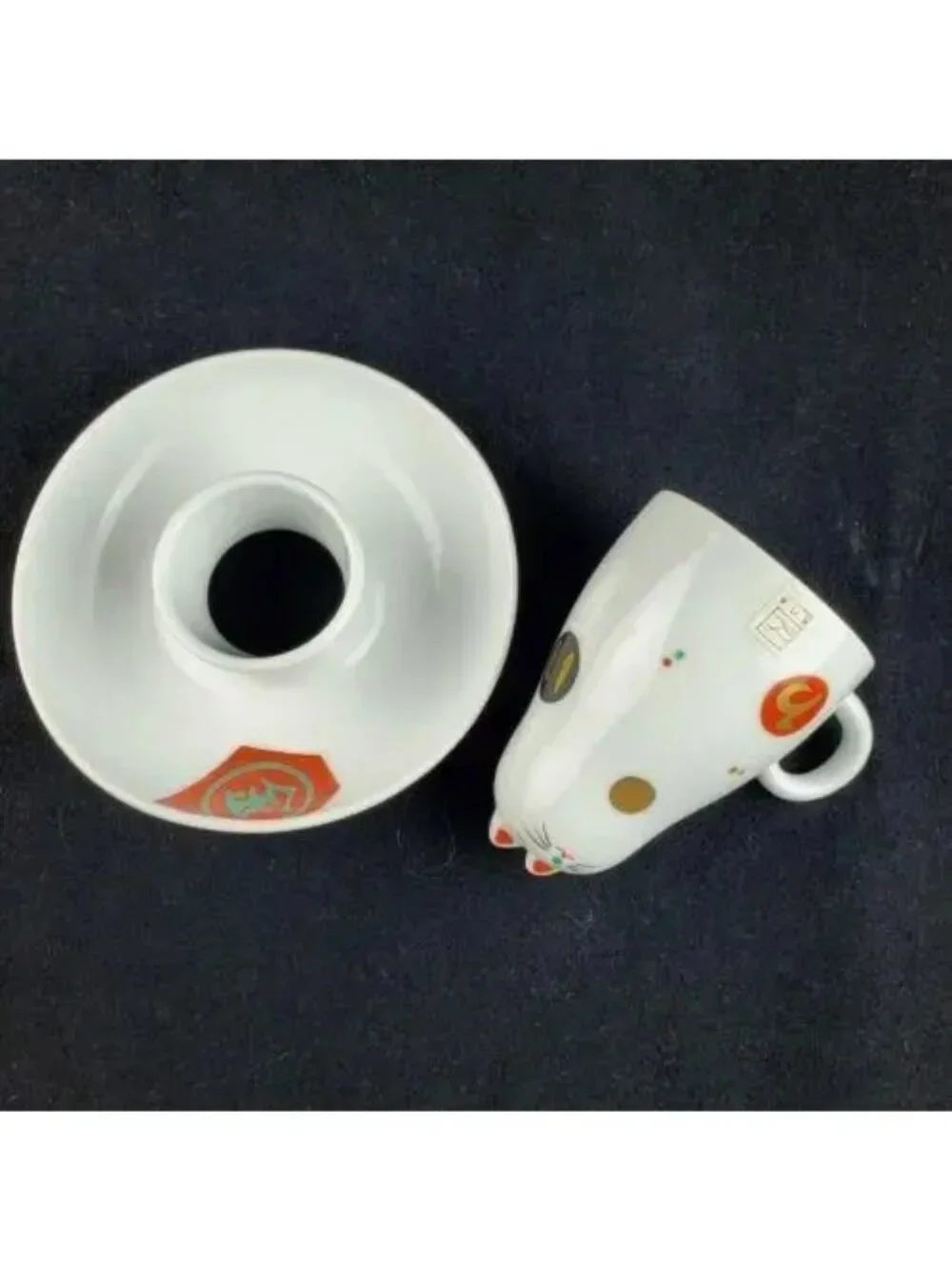 2000s Maneki Neko Cat Teacup Upside Down Cup and Saucer Set- 2 Pieces
